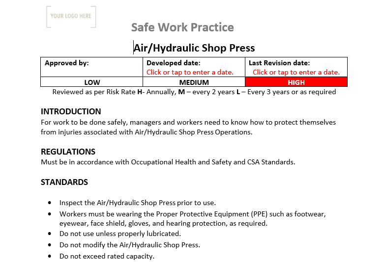 Air & Hydraulic Shop Press Safe Work Practice