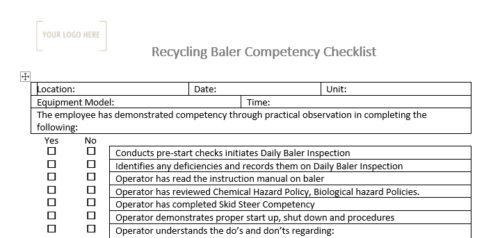 Baler Operation Competency Checklist
