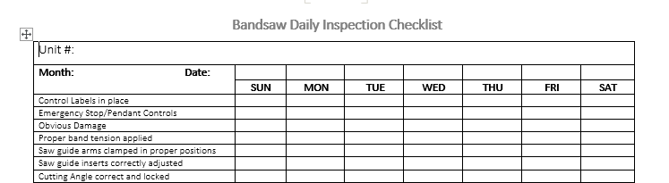 Band Saw Daily Inspection Checklist (weekly)