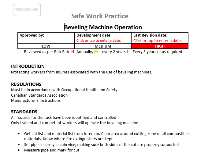 Beveling Machine Operation Safe Work Practice