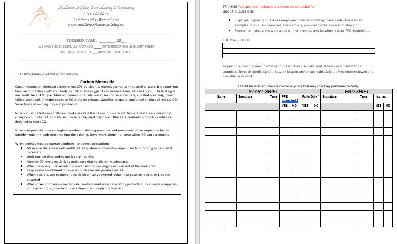 Carbon Monoxide Toolbox Meeting