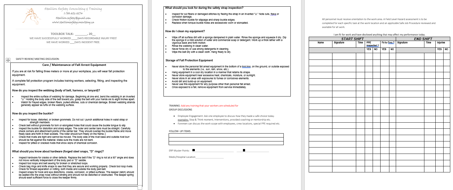 Care & Maintenance of Fall Arrest Equipment Toolbox Meeting