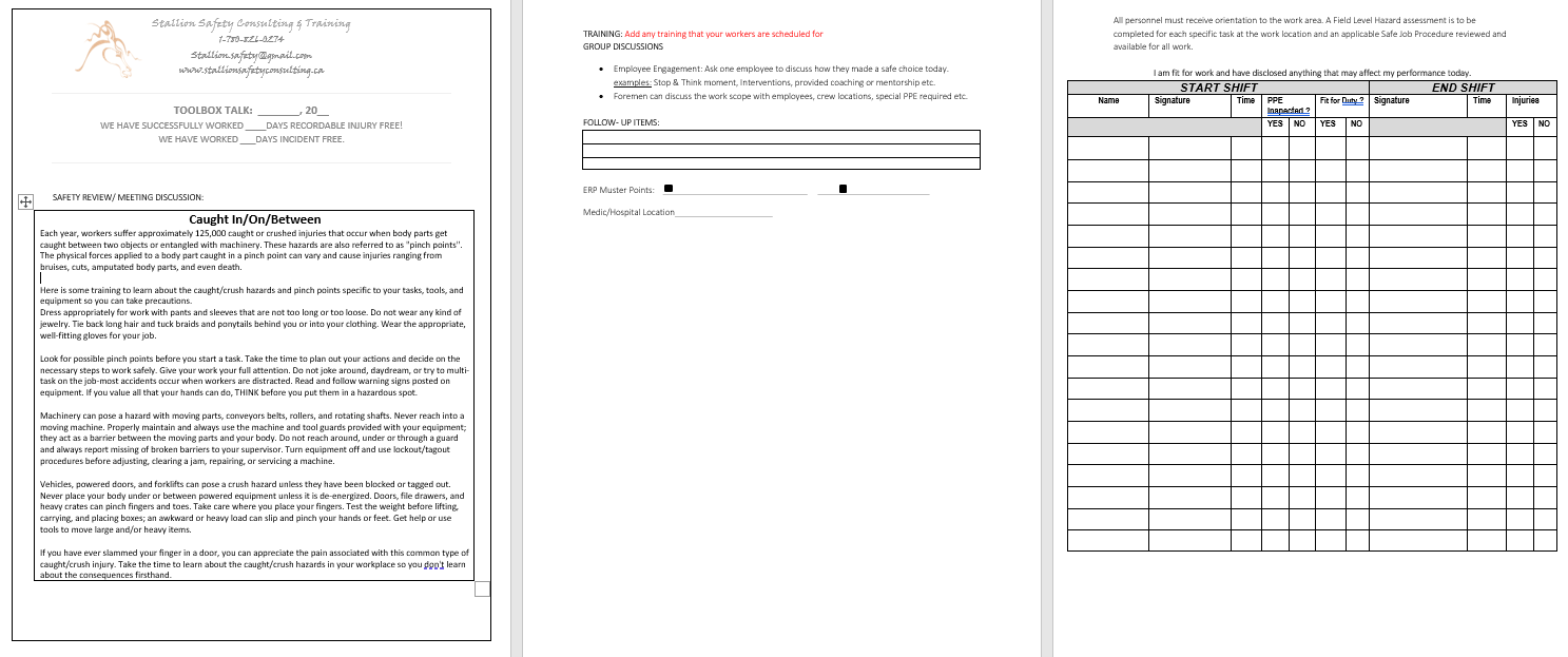 Caught In/On/Between Toolbox Meeting