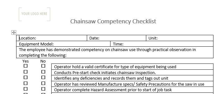 Chainsaw Competency Checklist