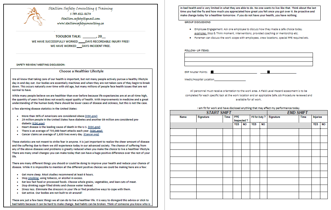 Choose a Healthier Lifestyle Toolbox Meeting