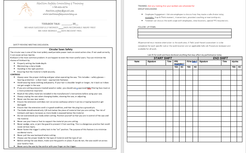 Circular Saws Safety Toolbox Meeting