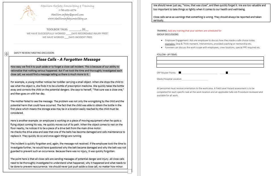 Close Calls Toolbox Meeting