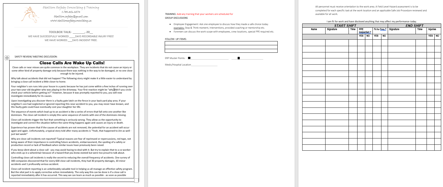 Close Calls Are Wake Up Calls! Toolbox Meeting
