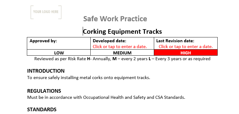 Corking Equipment Tracks Safe Work Practice