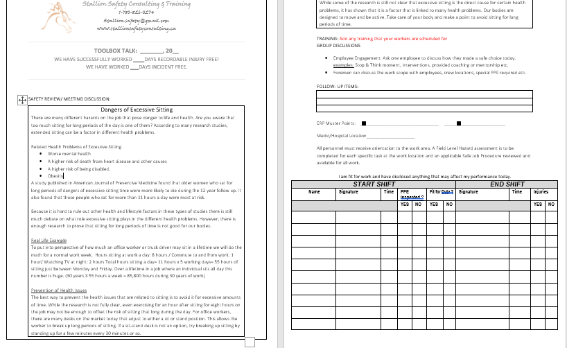 Dangers of Excessive Sitting Toolbox Meeting