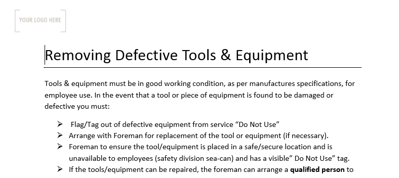 Defective Tools Safe Work Practice