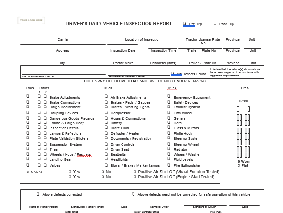 Drivers Daily Pre-Trip Inspection & work ticket (class1 drivers)