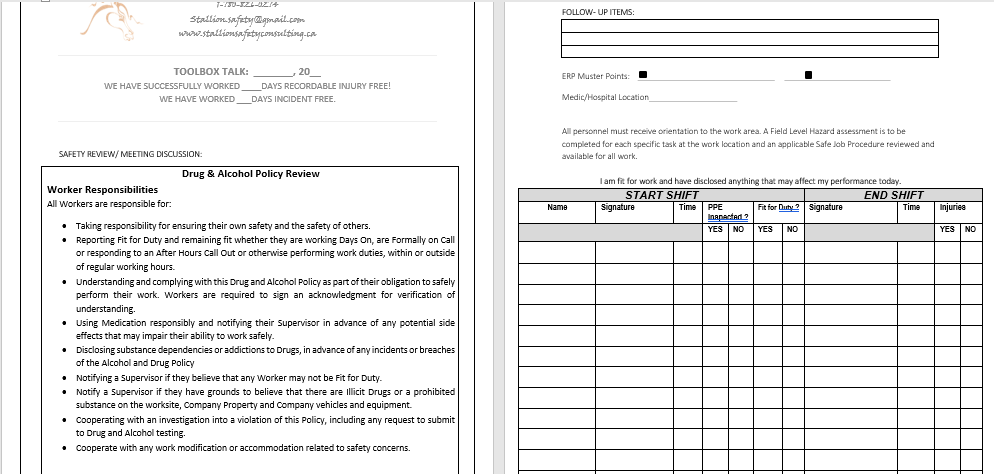 Drug & Alcohol Policy Review-Worker's Responsbilities Toolbox Meeting