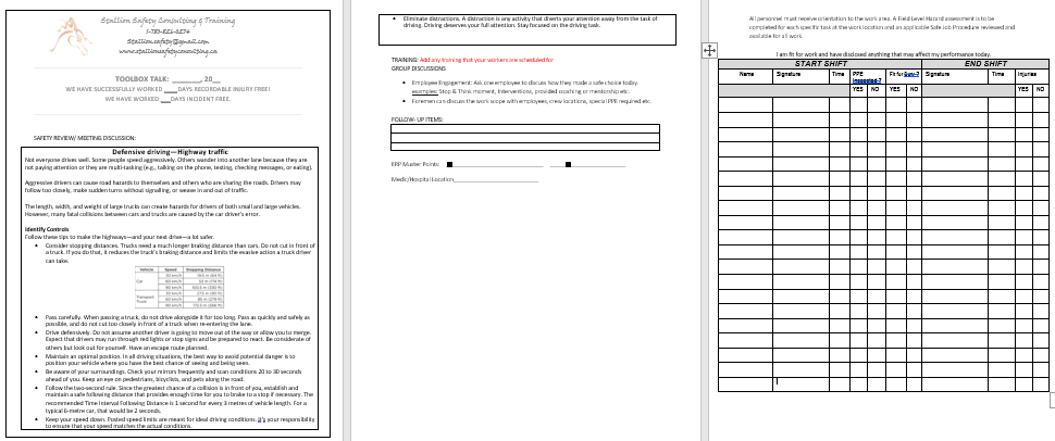 Defensive driving—Highway traffic Toolbox Meeting