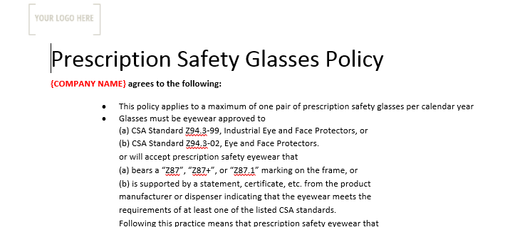 Prescription Safety Glasses Policy & Form