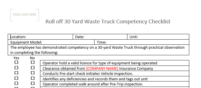 Roll off 30 Yard Waste Management Truck Competency Checklist