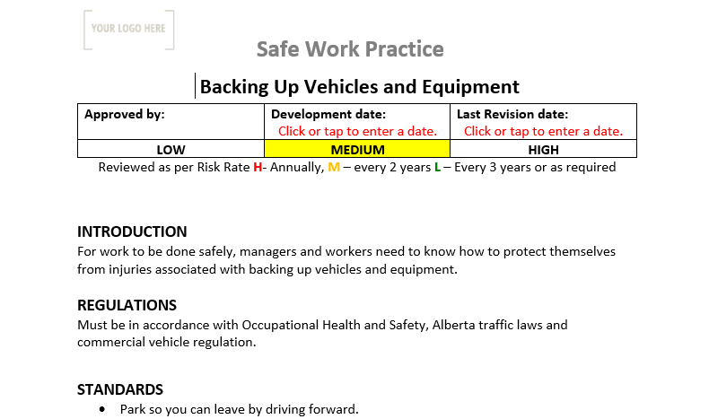 Backing up Vehicles and Equipment Safe Work Practice