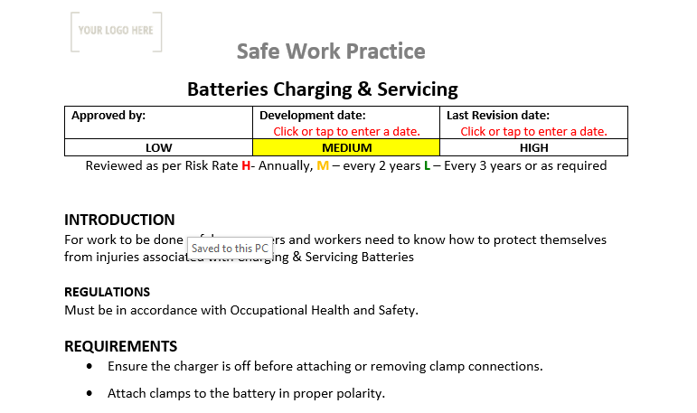 Batteries Charging and Servicing Safe Work Practice