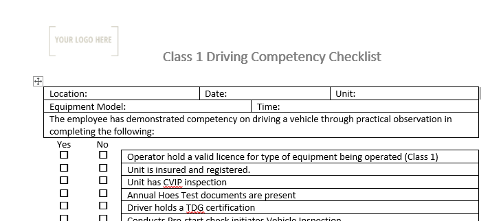 Class 1 Driver Competency Checklist