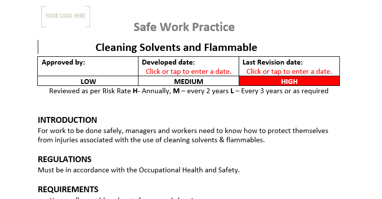 Cleaning Solvents & Flammables Safe Work Practice