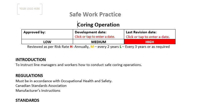 Coring Operation Safe Work Practice