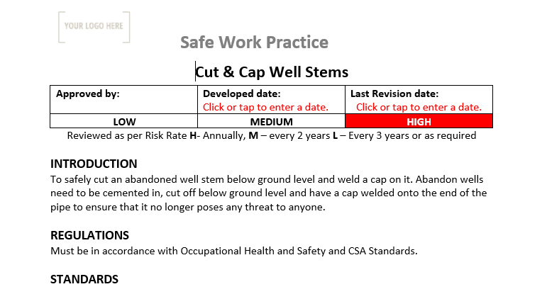 Cut & Cap Well Stems Safe Work Practice