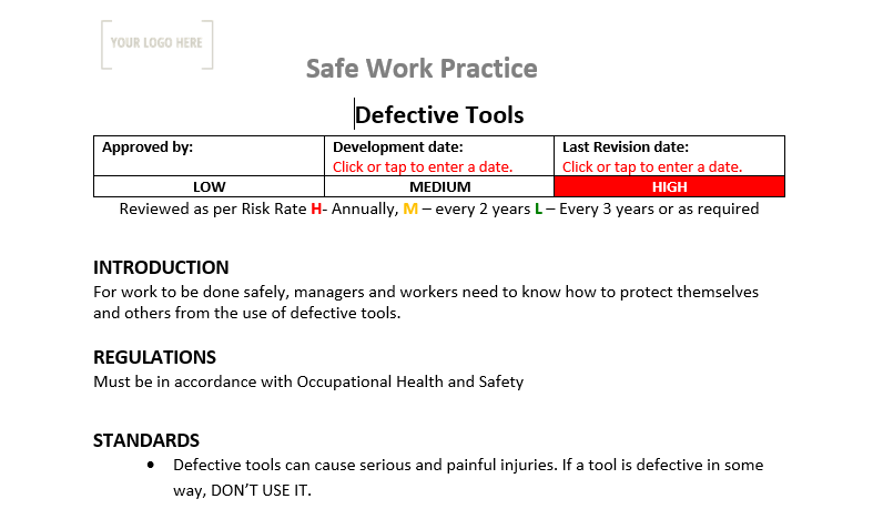 Defective Tools Safe Work Practice