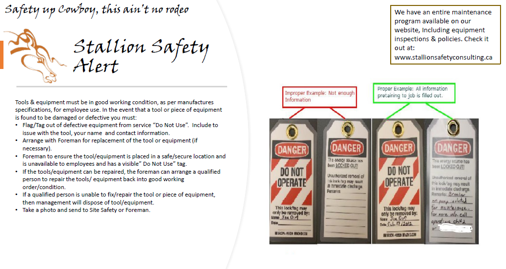 Removing defective tools – Stallion Safety, Training