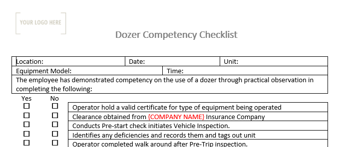 Dozer Competency Checklist