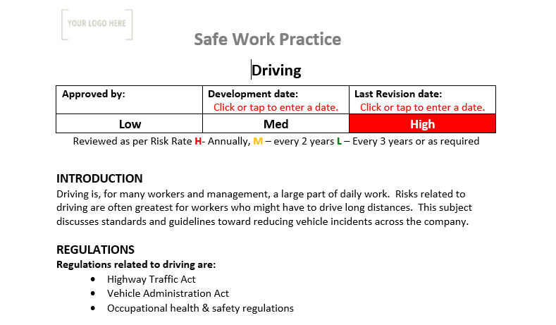 Driving Safe Work Practice