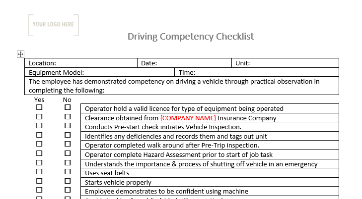 Driving Competency Checklist