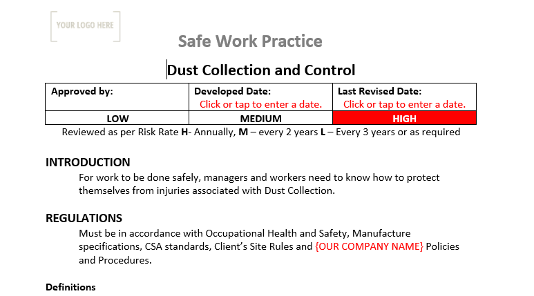 Dust Collection & Controls Safe Work Practice