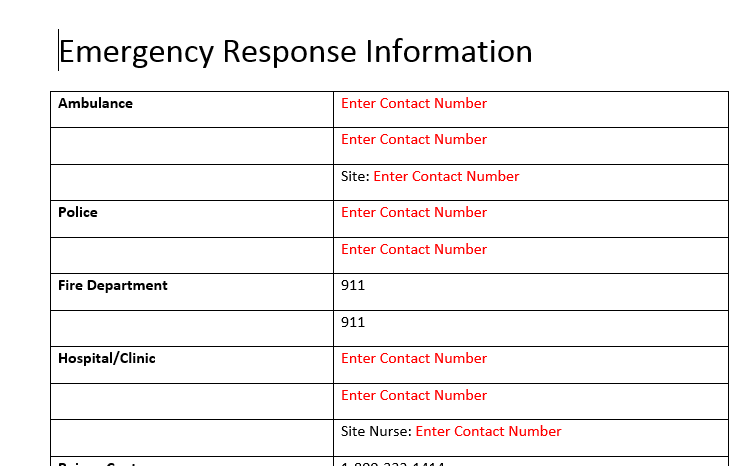 Site Specific Emergency Response Information form