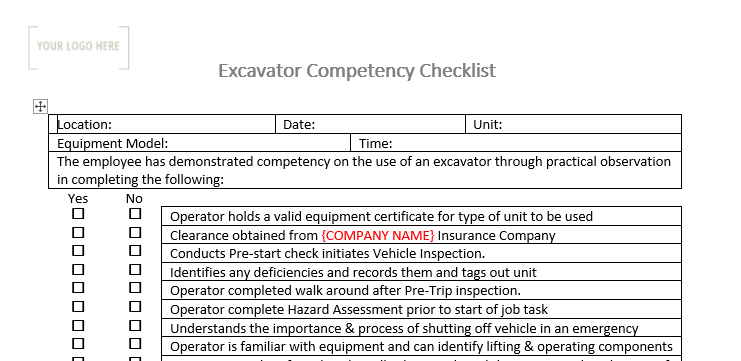 Excavator Competency Checklist