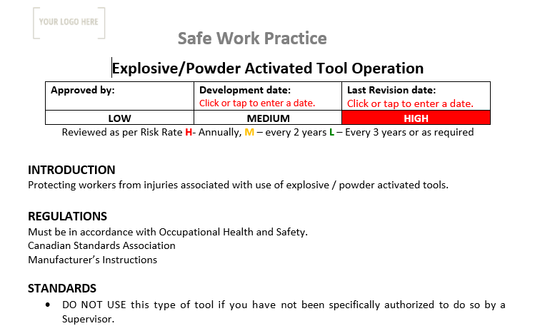 Explosive & powder activated tool Operation Safe Work Practice