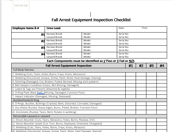 Fall Arrest Equipment Inspection With Fall Protection plan- Normal Lanyard