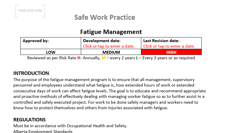 Fatigue Management Safe Work Practice