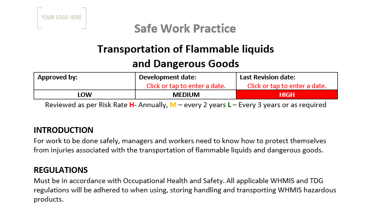 Transportation of Flammable Liquids & Dangerous Goods Safe Work Practice