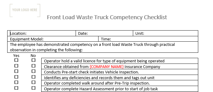 Front Load 6 Yard Waste Management Truck Competency Checklist