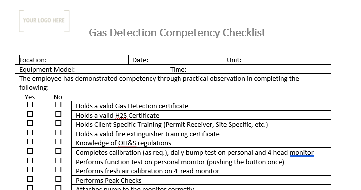 Gas Detection Competency Checklist