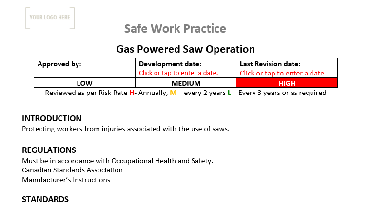 Gas Powered Saw Operation Safe Work Practice