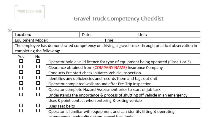 Gravel Truck Competency Checklist
