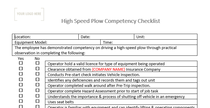 High Speed Snowplow Competency Checklist
