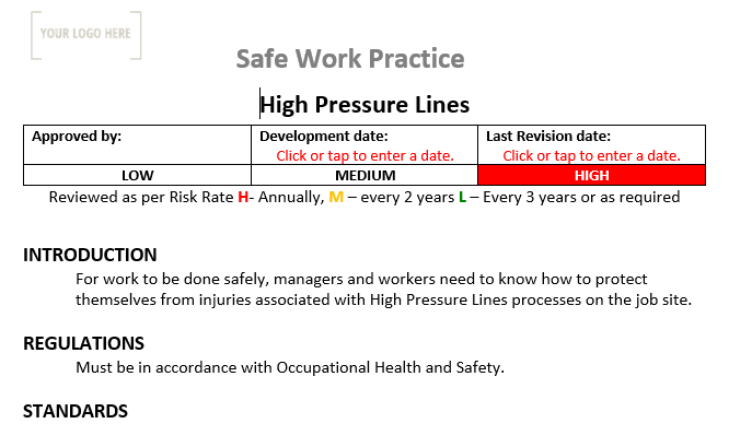 High Pressure Lines Safe Work Practice
