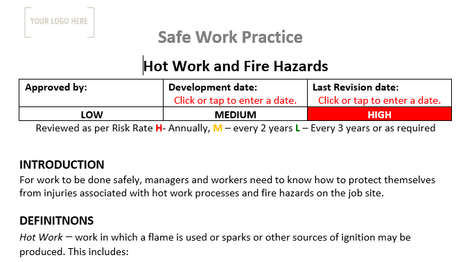Hot Work & Fire Hazards Safe Work Practice