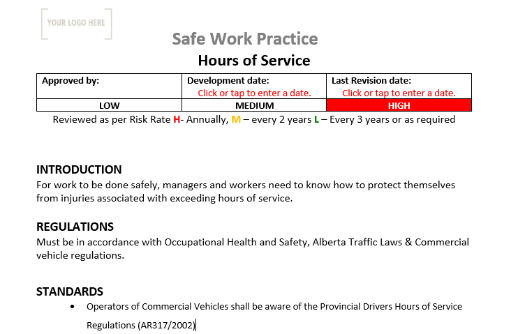 Hours of Service Safe Work Practice