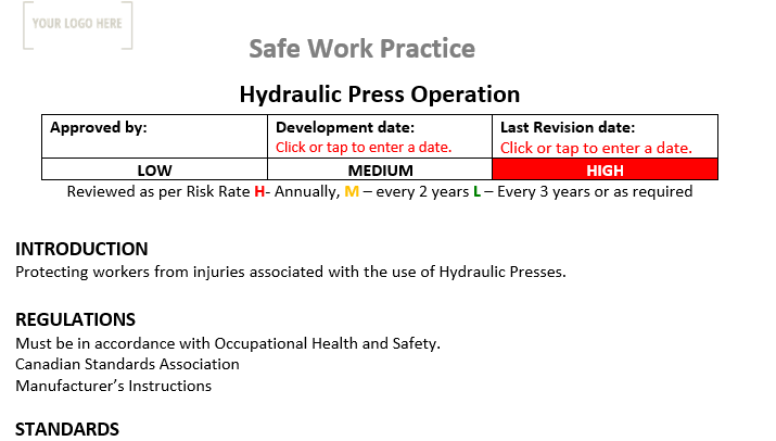 Hydraulic Press Operation Safe Work Practice