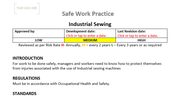 Industrial Sewing & Blanket Fabrication Safe Work Practice