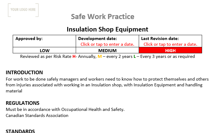 Insulation Shop Equipment Safe Work Practice