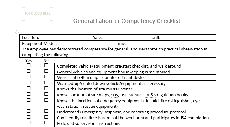 Pipe Laborer Competency Form General Laborer Competency Checklist – Stallion Safety, Training